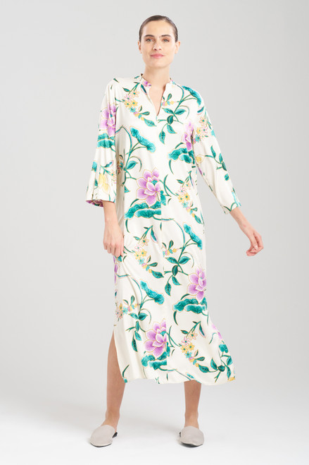 N by Natori Satin Majestic Orchid Floral 34 Sleeve Split V-Neck Caftan - S