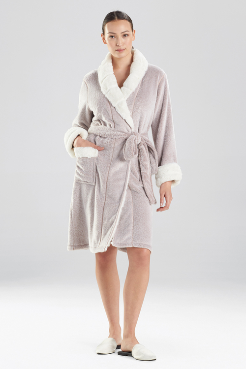 Natori Plush Velour Faux Fur Short Wrap Robe with Pockets + Belt, 40" Long, Women's, Beige, Size XL