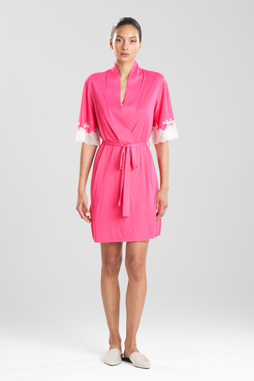 Natori Enchant Short Sleeves Wrap Robe With Lace In Pink Sapphire