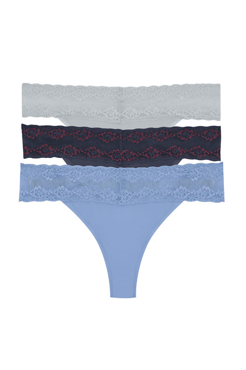 Natori Bliss Perfection O/s Thong 3 Pack In Dusk/dark Blue/cabernet/rain