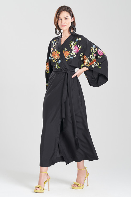 Josie Natori Natori Shinjo Habotai Embroidered Silk Tassel Wrap Robe In Black