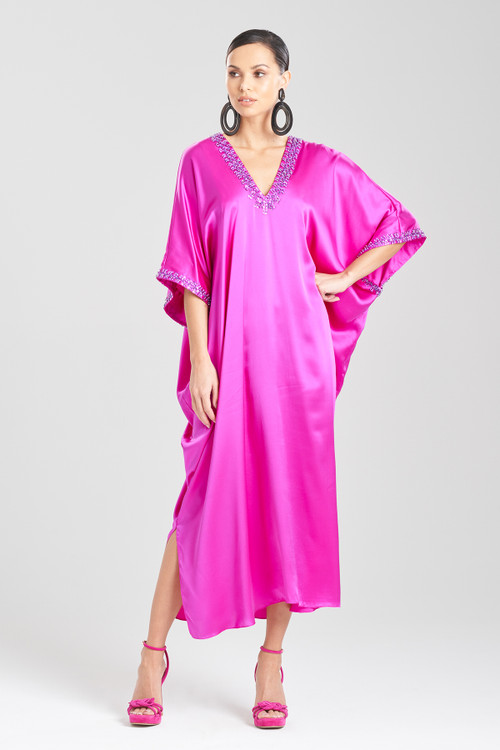 Josie Natori Natori Key Essentials Embellished Cocoon Silk Caftan Dress In Hot Pink