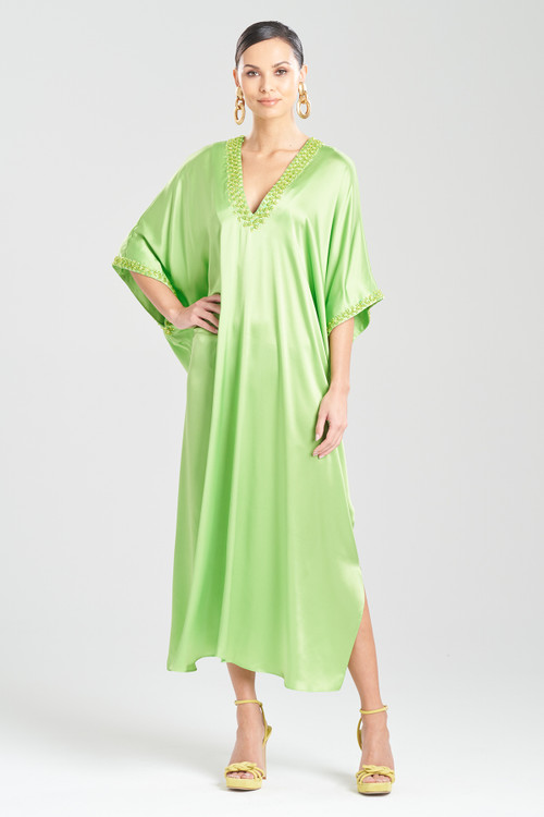 Josie Natori Natori Key Essentials Embellished Cocoon Silk Caftan Dress In Limon