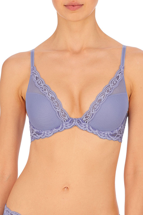 Natori Feathers Contour Plunge T-Shirt Everyday Plunge Bra (32DD) Women's, Blue, Silk