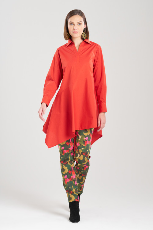 Natori Cotton Poplin Asymmetrical Flounce Shirt In Burnt Red