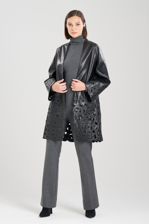 Natori Vegan Luxe Lambskin Embroidered Kimono Coat, Women's, Black, Size M