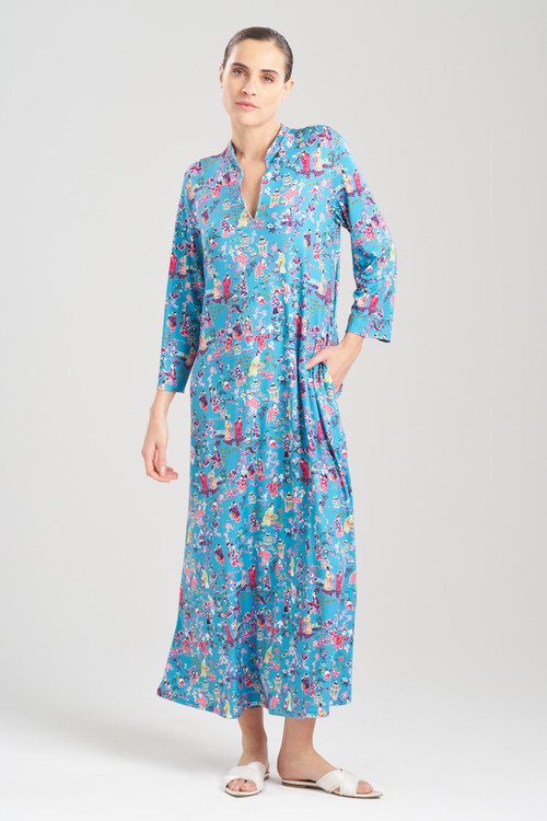 N Natori Natori Ren Mandarin Caftan Dress In Dark Teal | ModeSens