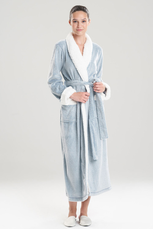 Natori Plush Sherpa Two-tone Wrap Robe With Pockets + Belt In Slate Purple