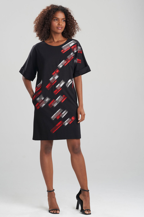 Light Weight Ponte Brushstroke Embroidered T-Shirt Dress