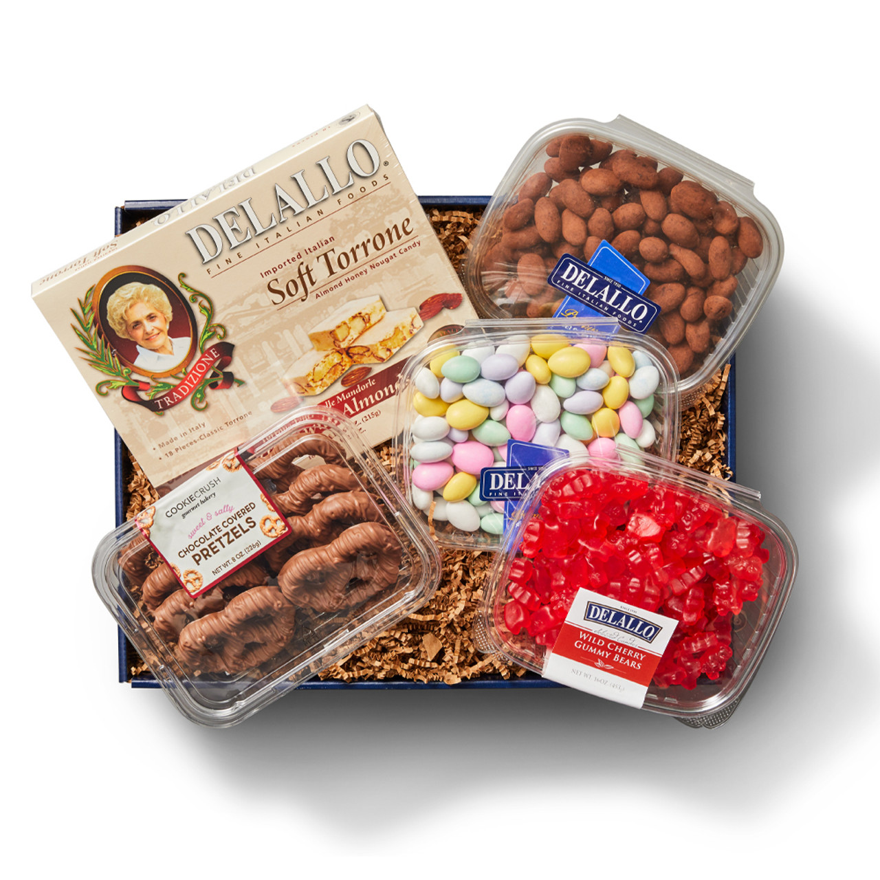  Italian Candy Gift Collection with chocolate pretzels, torrone, cherry gummies, Jordan almonds and cocoa dusted almonds Italian Candy Gift Collection