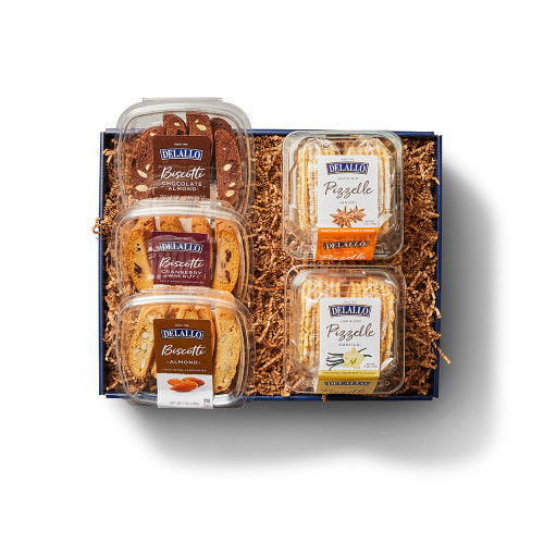 Our Biscotti and Pizzelle Gift Box which features 3 varieties of biscotti and two flavors of pizzelle.