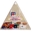 Clear pyramid with snow globe liquid with cute Vegas Iconic items like the colorful Las Vegas Sign, mini dice, mini poker chips, mini cards, etc.