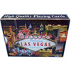 Playing Cards box shows the design on the cards themselves. This design is a black background with a colorful welcome to LV sign and all the famous Las Vegas Casinos in the background. 