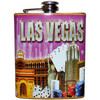 Metal Flask with bold Pink Background and Las Vegas looks like it' in Diamonds on it. Brightly colored Vegas Casinos and Icons all over within the design.