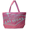 Pink canvas totebag has a Silver printing of the Famous Welcome To Las Vegas Sign on it. 