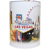White Tin bank in cylinder shape with colorful Skyline of Las Vegas Iconic Casinos all over it.