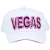 White Baseball style cap with Vegas in Black and outlined in Pink with Rhinestones. 