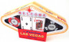 Las Vegas Sign Shape box with see thru window showing chocolate poker chips and chocolate playing cards. 