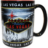 Oversized Las Vegas ceramic coffee mug with a prominent Las Vegas Sign design embossed design with a gray and black background, side view.