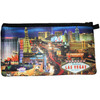Colorful Strip Print of Las Vegas Casinos with a Blue Background on this zippered Pencil or Cosmetic Carry Case.