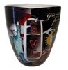 Oversized Las Vegas ceramic coffee mug with a Las Vegas Sign and Patriotic Flag collage design on a vibrant strip background, handle view.