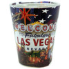 Glass Las Vegas shotglass with a full body US Flag wrap background, front view.