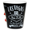 Ceramic Black Whiskey look shotglass showing the Let The Good Times Roll Las Vegas logo on the side. 