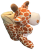 Side View of plush Las Vegas Giraffe with Tan  Child Blanket in Pouch.