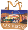Printed canvas totebag has a straw bottom. Design is of the famous Las Vegas Strip with a Blue Background. 
