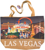 Printed canvas totebag has a straw bottom. Design is of the famous Las Vegas Strip with a Black Background. 