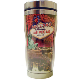 Stainless Steel Sleek Travel Mug which has our Fireworks Design all over it. Showcases Vegas Casinos with Fireworks bursting behind them.