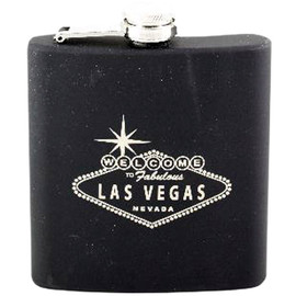 Metal Flask with Black Rubber Coating. Printed Welcome To Las Vegas Sign design on the front.