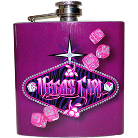 Metal Flask with bold Purple and Pink Background. Funky Font Vegas Girl and dice is the main focus of the design in the middle.