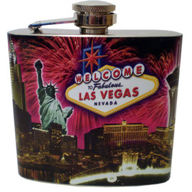 Metal Flask with bold Fireworks exploding over a scene of the Las Vegas Strip.