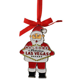 Metal Santa Shape ornament holding the Las Vegas Sign.