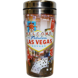 Stainless Steel Sleek Travel Mug which has a Red Dice Design all over it. Showcases Vegas Welcome sign and Icons such as Red Dice all over it.  