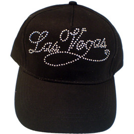 CHILD SIZED Black Baseball style cap with Las Vegas in fancy font Rhinestones.