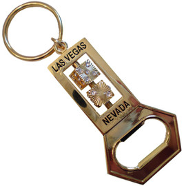 Gold Color Metal Las Vegas Bottle Opener Keychain with two mini spinning dice.
