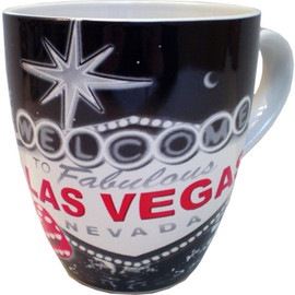 Oversized Las Vegas Souvenir Ceramic mug with a Black and Gray design and the Las Vegas in red inside a gray Welcome to Vegas Sign.