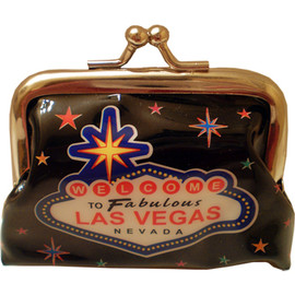 Metal snap closure on this black plastic Las Vegas Coin purse with a Vegas Sign and colorful stars on the print.