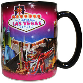 Oversized Las Vegas ceramic coffee mug with a Las Vegas Sign and Pink Skyline design embossed with a vibrant strip background, side view.