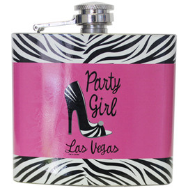Metal Flask with Black/White Zebra border, Hot Pink Middle with a Black Party Girl High Heel shoe Design.