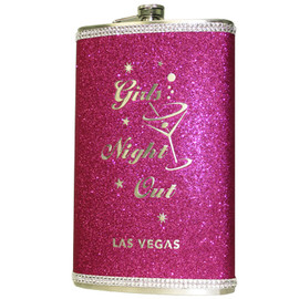 Metal Flask with a Pink Glitter wrap around textured feel. It has a Martini glass Las Vegas Girl's Night Out design which is etched out on the front.