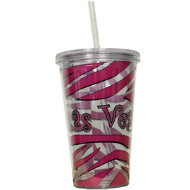 Clear Plastic Tumbler with Straw, screw top lid, and Pink and Black Zebra Stripes design on it.