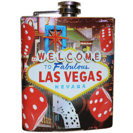 Metal Flask with colorful Vegas Welcome Sign on it in the middle and Dice and Cards bursting forth in appearance.