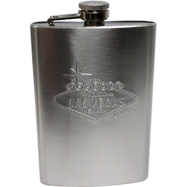 Metal Flask with the Las Vegas Welcome Sign is embossed (puffed out) as the design on the front.