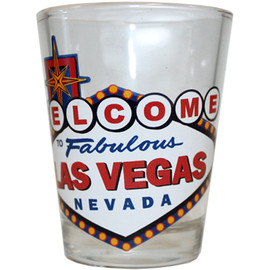 Glass Las Vegas shotglass showing an Colorful Welcome to Las Vegas Sign.
