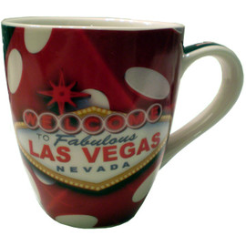 Oversized Las Vegas Souvenir Ceramic mug with a Dice design and the Las Vegas Sign.