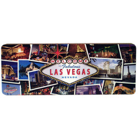 Wooden rectangle magnet with mini Pictures of Las Vegas scenes all over it and the Las Vegas sign in the middle.