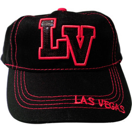 Black Baseball style cap with "LV" in Black Sequins outlined in Red. The red embroidered word Las Vegas is also on the hat's bill.